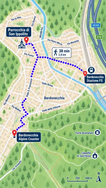 Mappa del percorso a piedi a Bardonecchia dalla stazione ferroviaria al Borgovecchio e Campo Smith